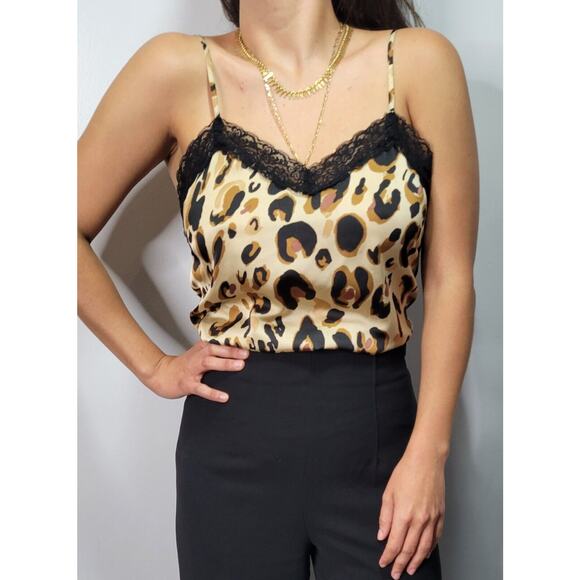 WOMENS LEOPARD PRINT LACE CAMI MED ANIMAL PRINT TANK TOP SILKY V NECK FAVLUX - Picture 4 of 5